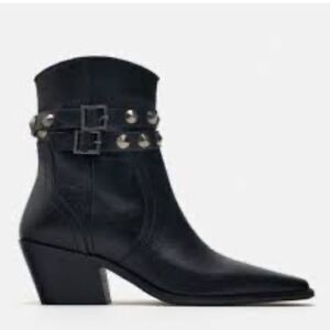 Zara Leather Studded Ankle Black Ankle Boots(Size 8)